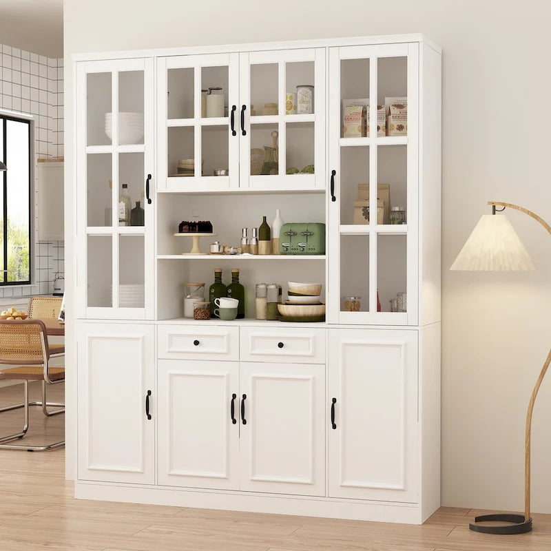 78.7H Combo Buffet Sideboard White Curio Bookcase Cabinet Glass Door