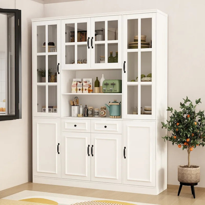 78.7H Combo Buffet Sideboard White Curio Bookcase Cabinet Glass Door