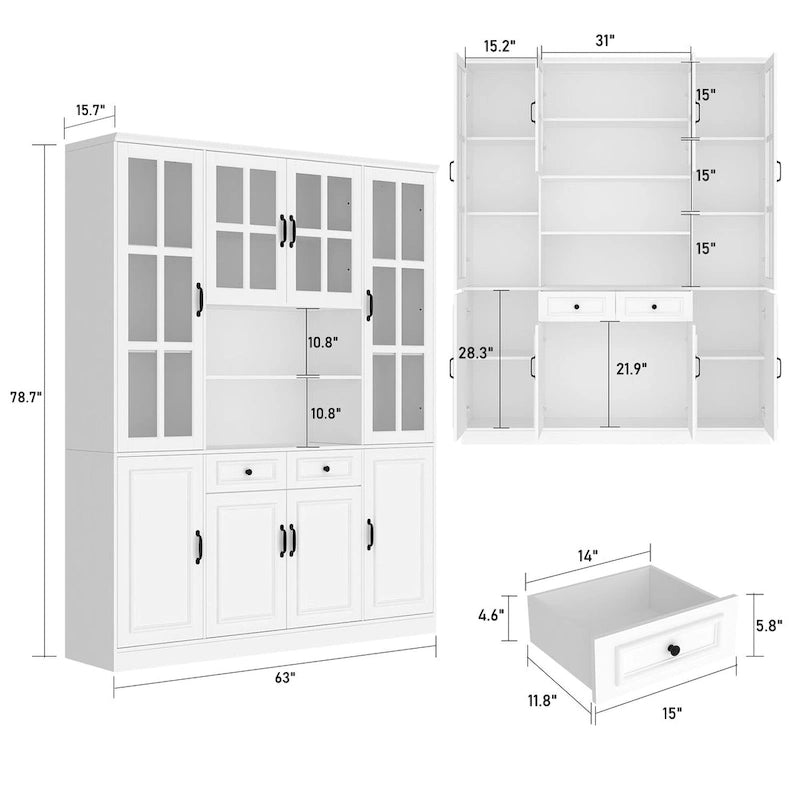78.7H Combo Buffet Sideboard White Curio Bookcase Cabinet Glass Door