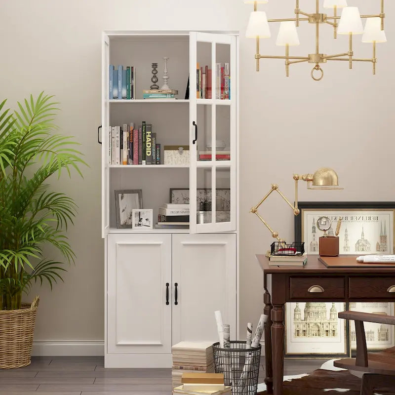 78.7H Combo Buffet Sideboard White Curio Bookcase Cabinet Glass Door