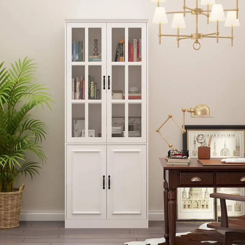 78.7H Combo Buffet Sideboard White Curio Bookcase Cabinet Glass Door