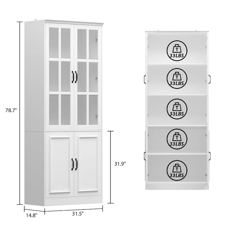78.7H Combo Buffet Sideboard White Curio Bookcase Cabinet Glass Door