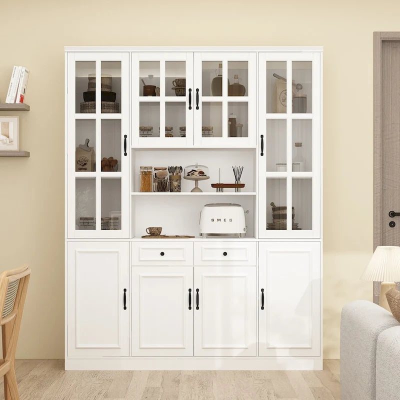 78.7H Combo Buffet Sideboard White Curio Bookcase Cabinet Glass Door