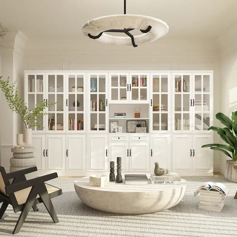 78.7H Combo Buffet Sideboard White Curio Bookcase Cabinet Glass Door