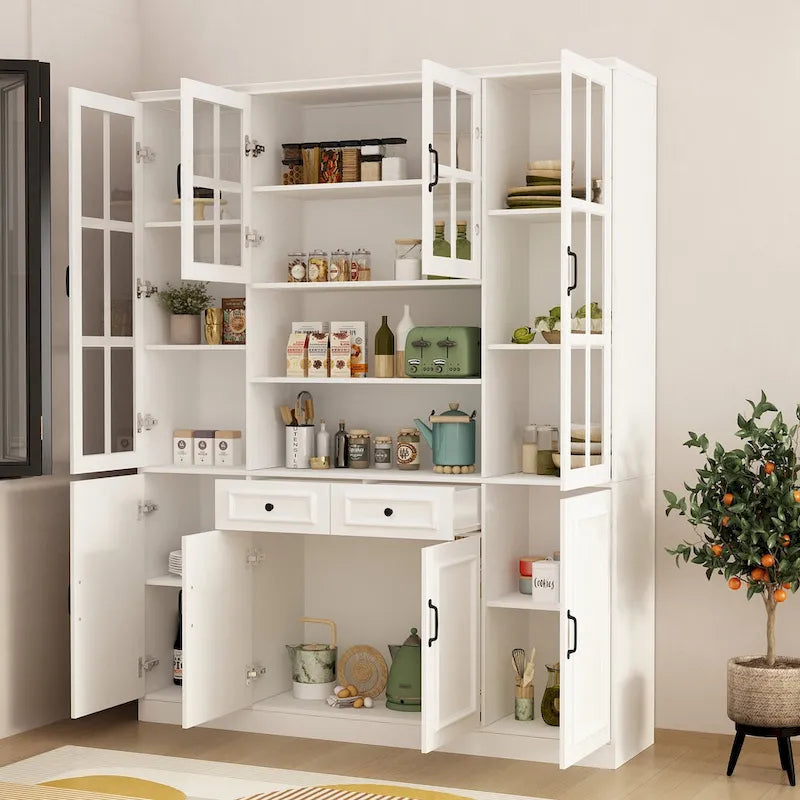 78.7H Combo Buffet Sideboard White Curio Bookcase Cabinet Glass Door