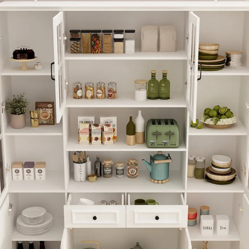 78.7H Combo Buffet Sideboard White Curio Bookcase Cabinet Glass Door