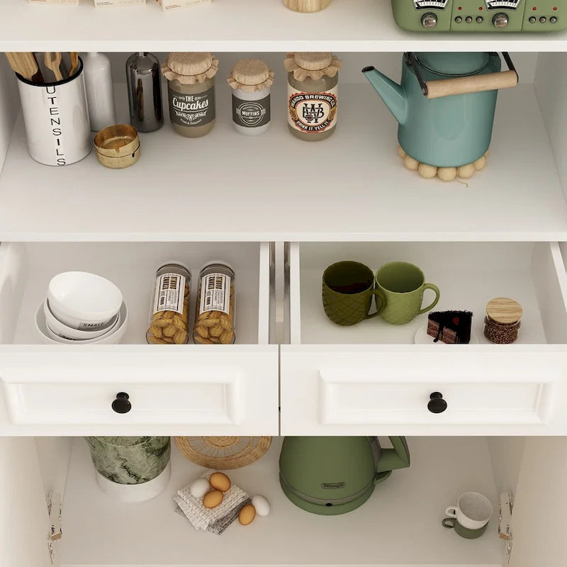 78.7H Combo Buffet Sideboard White Curio Bookcase Cabinet Glass Door
