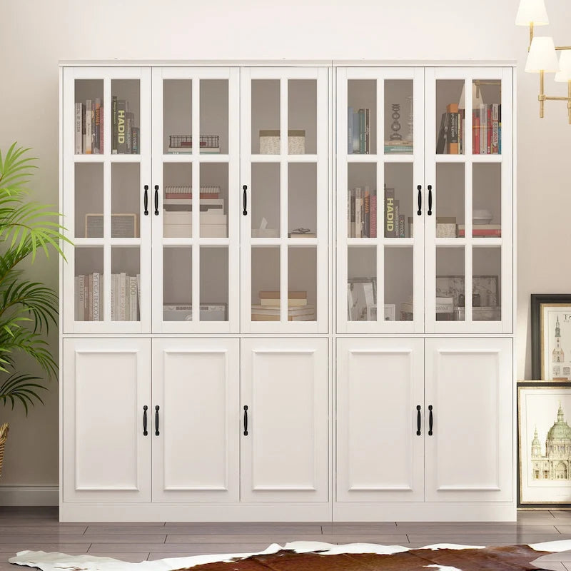 78.7H Combo Buffet Sideboard White Curio Bookcase Cabinet Glass Door