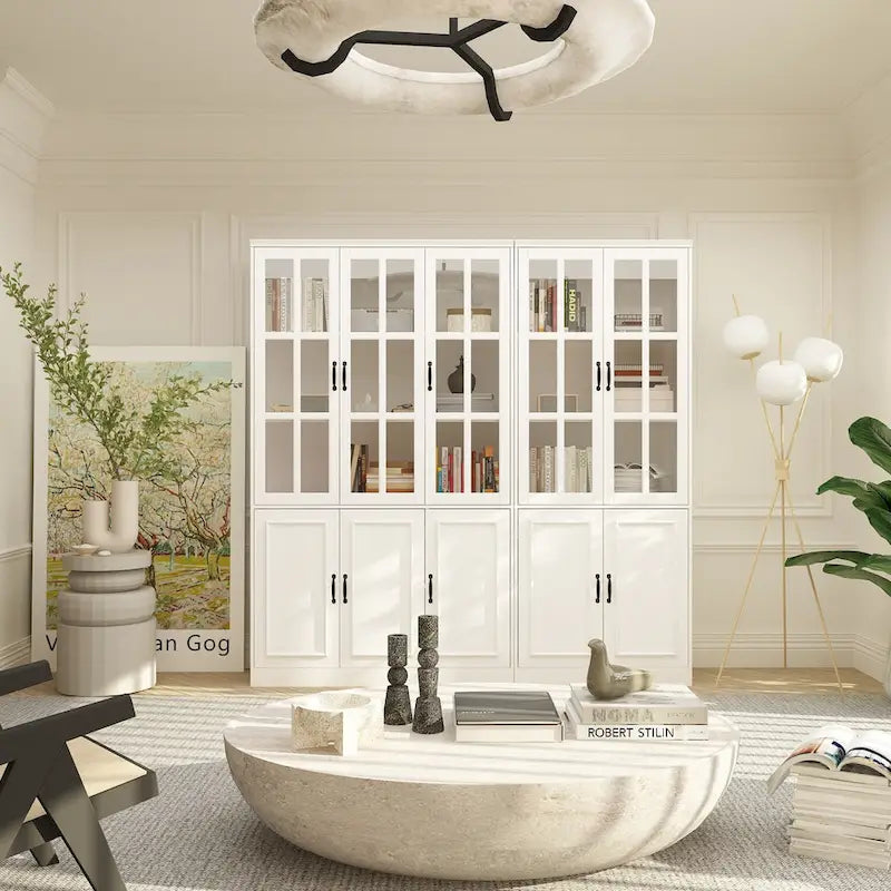 78.7H Combo Buffet Sideboard White Curio Bookcase Cabinet Glass Door
