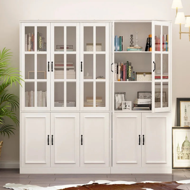 78.7H Combo Buffet Sideboard White Curio Bookcase Cabinet Glass Door
