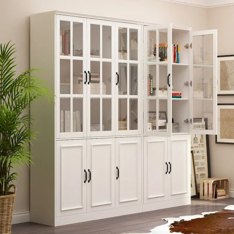 78.7H Combo Buffet Sideboard White Curio Bookcase Cabinet Glass Door