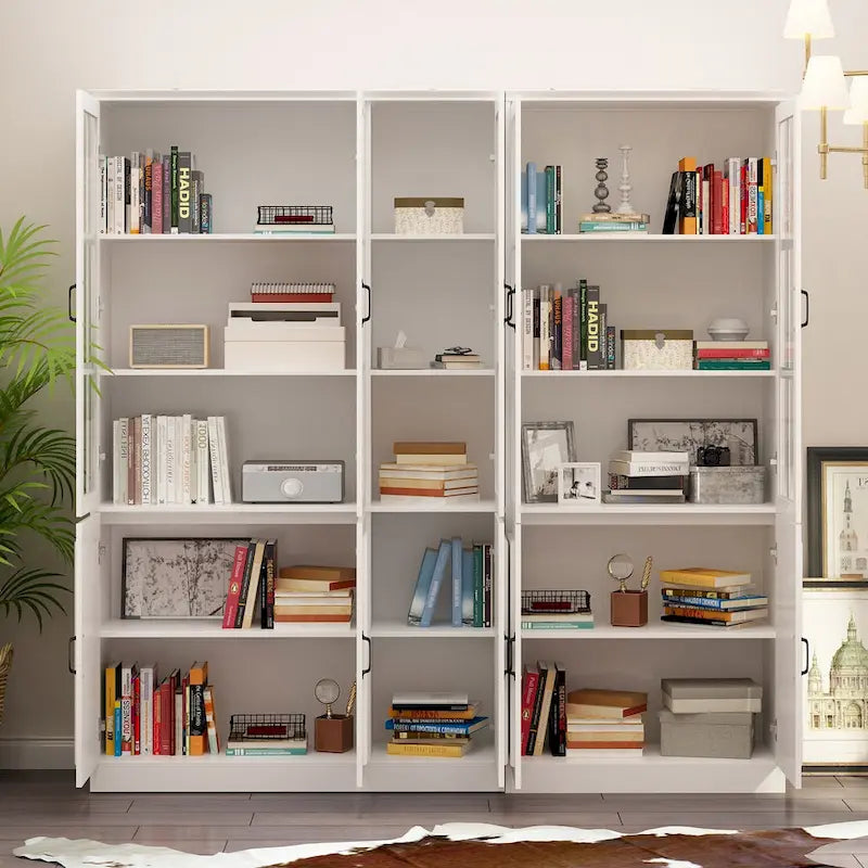 78.7H Combo Buffet Sideboard White Curio Bookcase Cabinet Glass Door