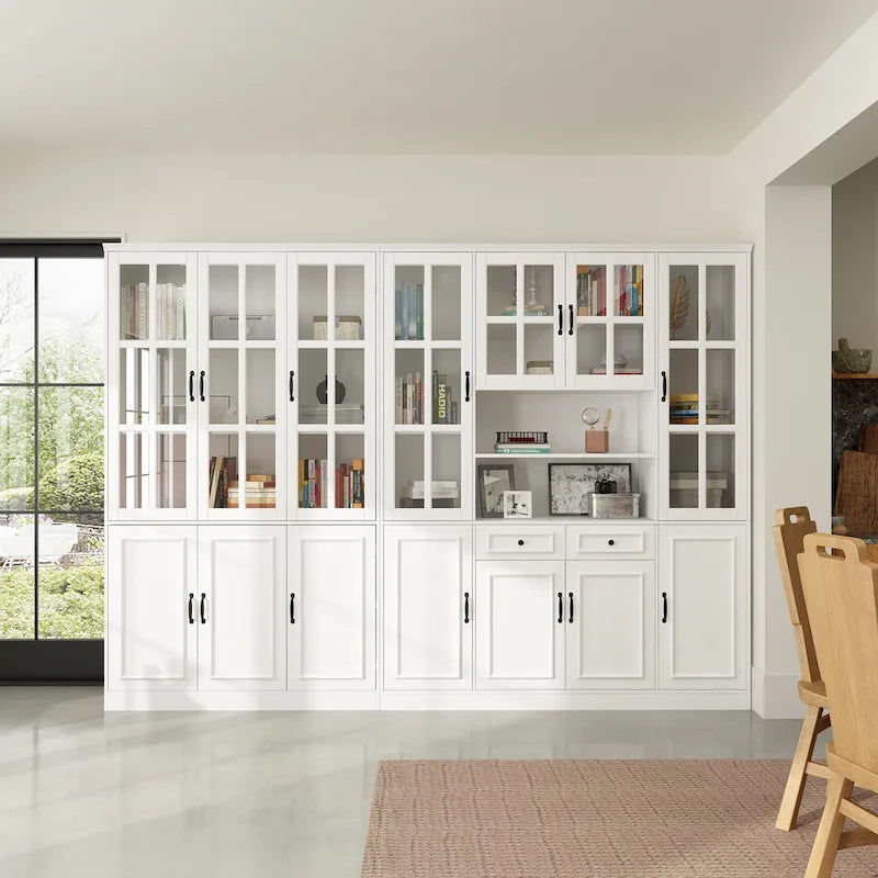 78.7H Combo Buffet Sideboard White Curio Bookcase Cabinet Glass Door