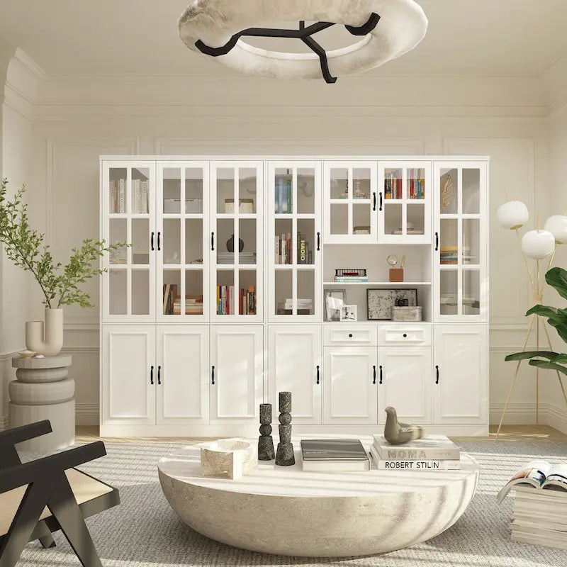 78.7H Combo Buffet Sideboard White Curio Bookcase Cabinet Glass Door