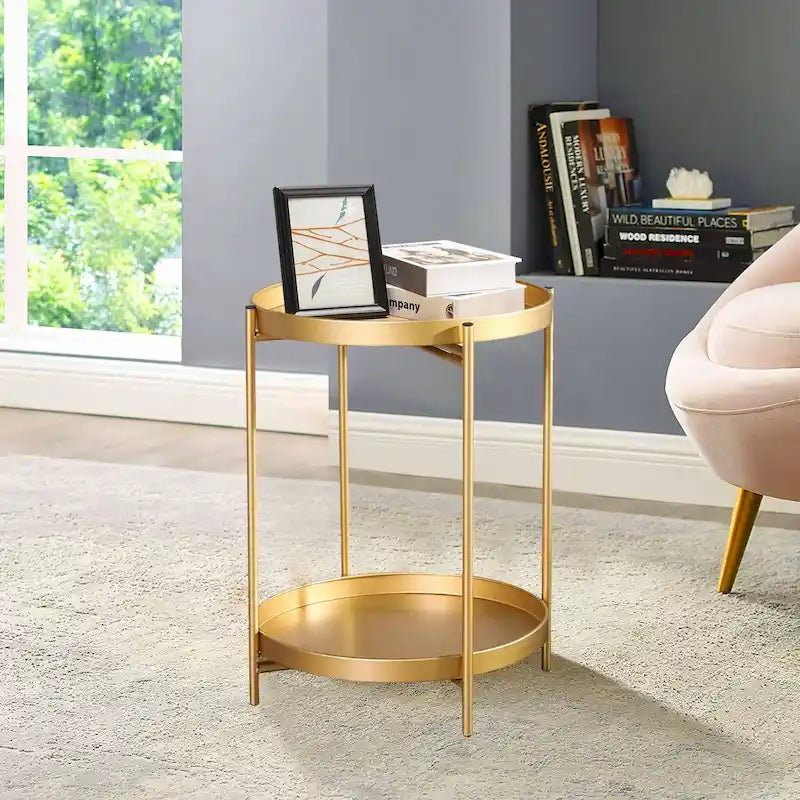 Side Table 2-Tier Metal Round End Table with Removable Tray - 17.5(D)x 17.5(W)x 20.7(H)