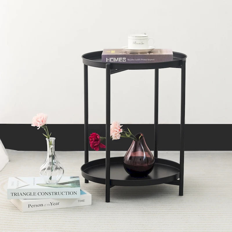 Side Table 2-Tier Metal Round End Table with Removable Tray - 17.5(D)x 17.5(W)x 20.7(H)