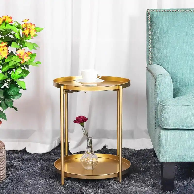 Side Table 2-Tier Metal Round End Table with Removable Tray - 17.5(D)x 17.5(W)x 20.7(H)