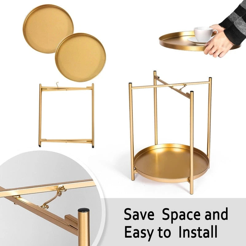 Side Table 2-Tier Metal Round End Table with Removable Tray - 17.5(D)x 17.5(W)x 20.7(H)