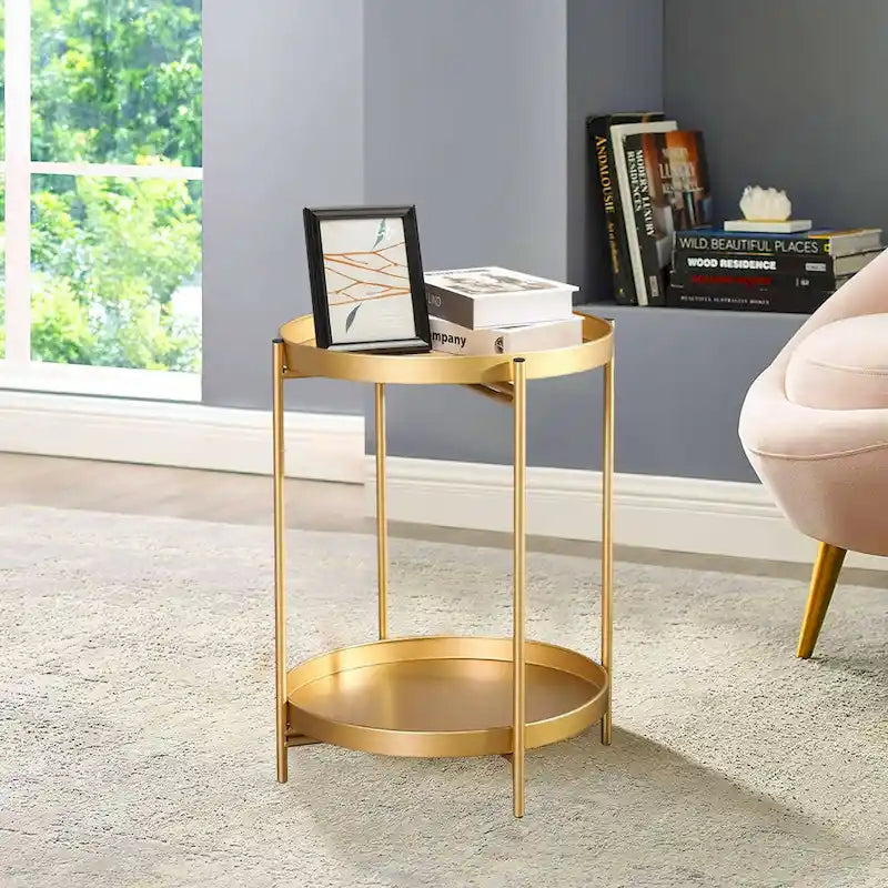 Side Table 2-Tier Metal Round End Table with Removable Tray - 17.5(D)x 17.5(W)x 20.7(H)