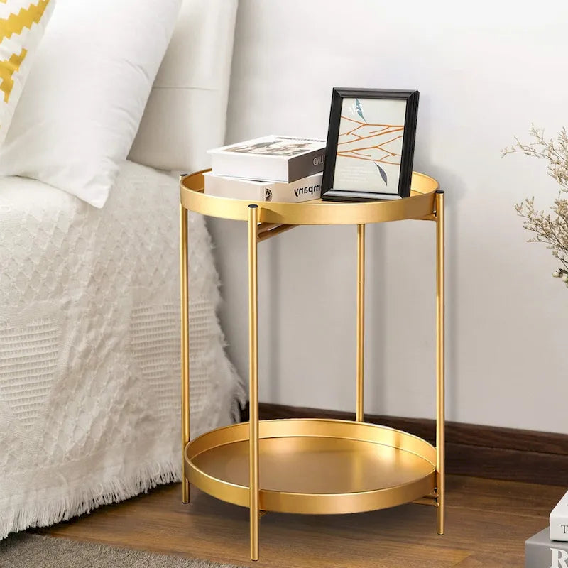 Side Table 2-Tier Metal Round End Table with Removable Tray - 17.5(D)x 17.5(W)x 20.7(H)