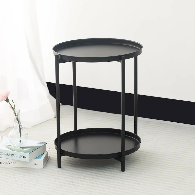 Side Table 2-Tier Metal Round End Table with Removable Tray - 17.5(D)x 17.5(W)x 20.7(H)