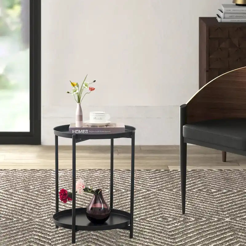 Side Table 2-Tier Metal Round End Table with Removable Tray - 17.5(D)x 17.5(W)x 20.7(H)