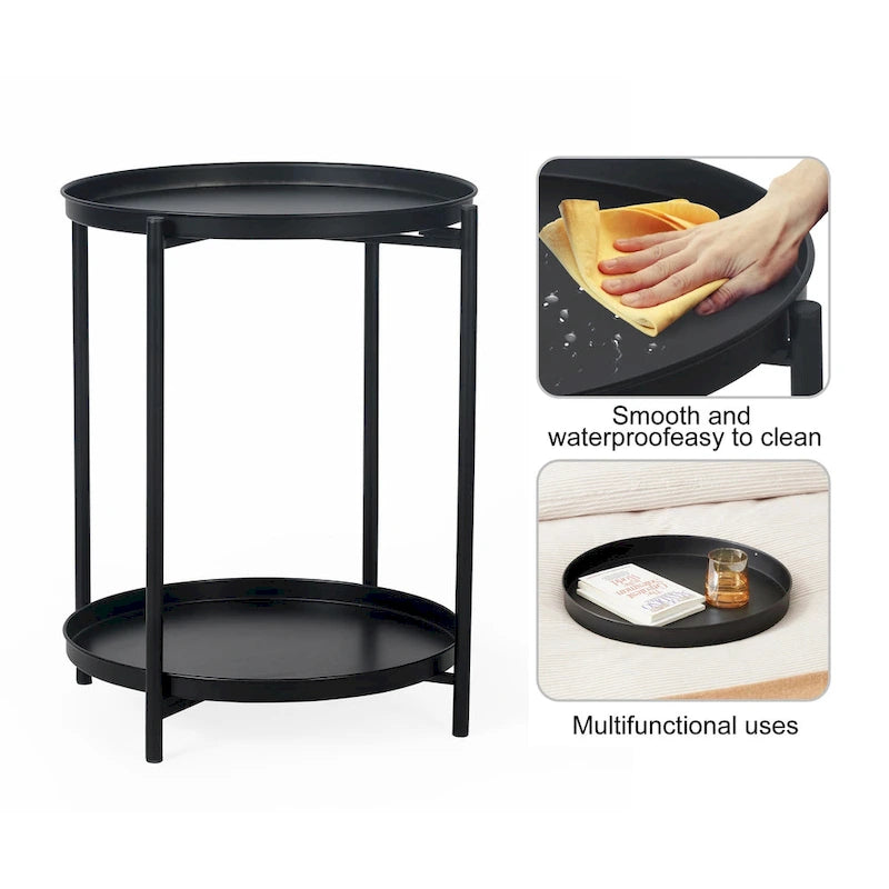 Side Table 2-Tier Metal Round End Table with Removable Tray - 17.5(D)x 17.5(W)x 20.7(H)