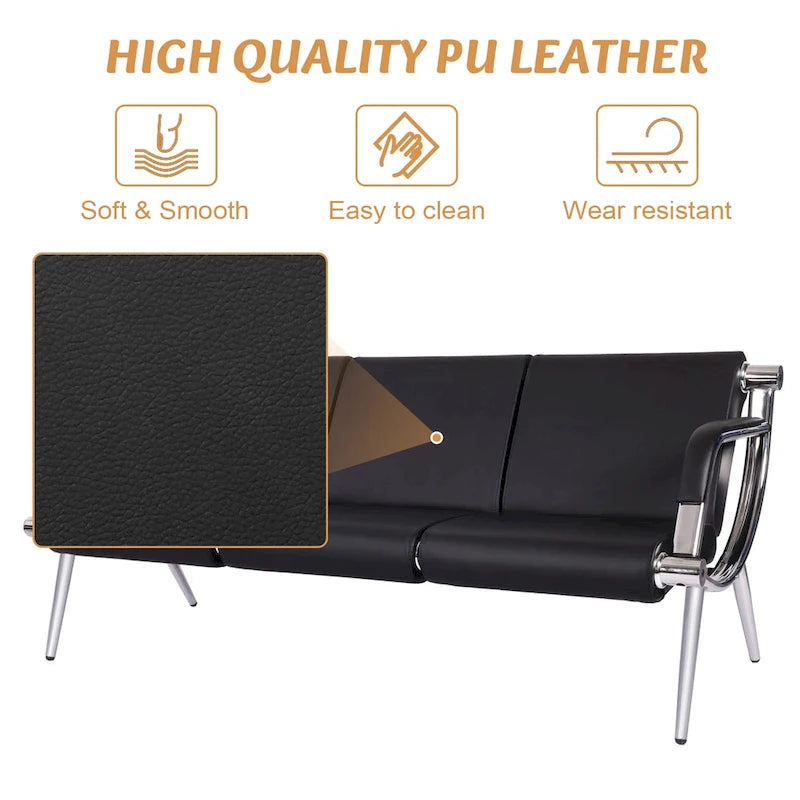 3-seat Waiting Room Chair, PU Leather Airport Reception Bench, Guest Chair for Bank Salon Office Hospital