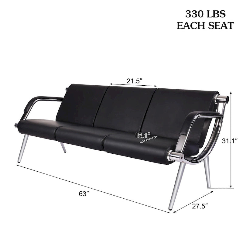 3-seat Waiting Room Chair, PU Leather Airport Reception Bench, Guest Chair for Bank Salon Office Hospital