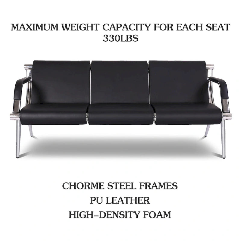 3-seat Waiting Room Chair, PU Leather Airport Reception Bench, Guest Chair for Bank Salon Office Hospital