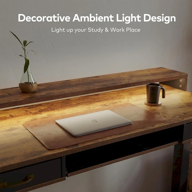 Height Adjustable Electric Standing Desk with Double Drawers&Keyboard Tray, Stand Up Desk with LED Strips