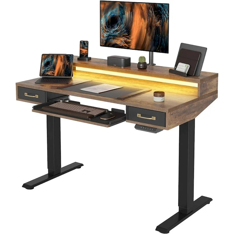 Height Adjustable Electric Standing Desk with Double Drawers&Keyboard Tray, Stand Up Desk with LED Strips