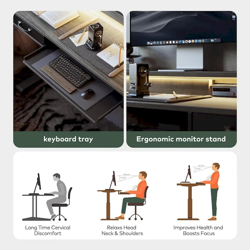 Height Adjustable Electric Standing Desk with Double Drawers&Keyboard Tray, Stand Up Desk with LED Strips