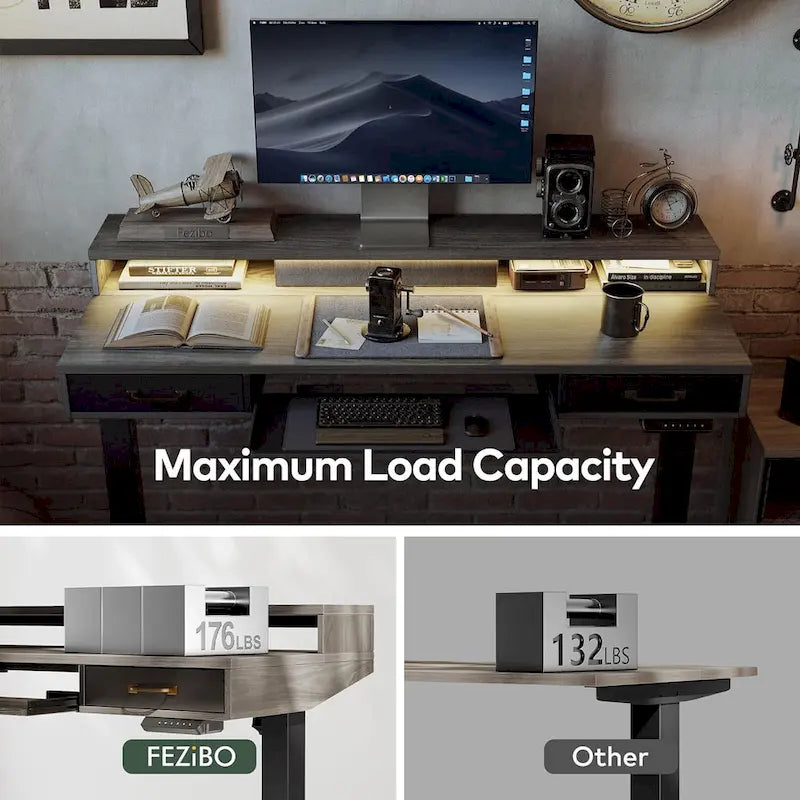 Height Adjustable Electric Standing Desk with Double Drawers&Keyboard Tray, Stand Up Desk with LED Strips