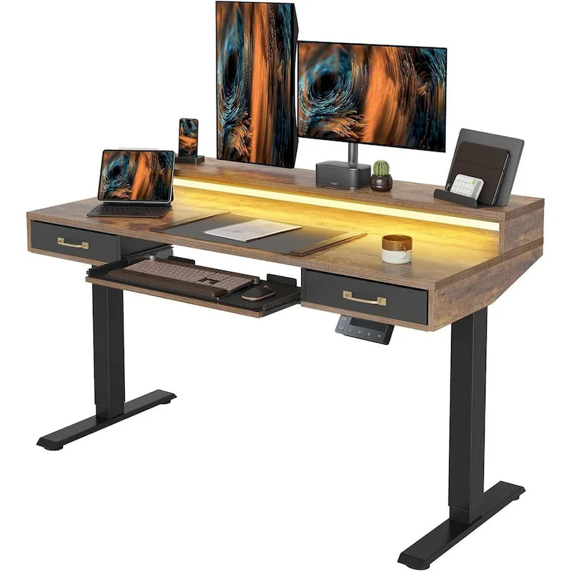 Height Adjustable Electric Standing Desk with Double Drawers&Keyboard Tray, Stand Up Desk with LED Strips