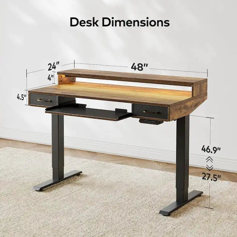 Height Adjustable Electric Standing Desk with Double Drawers&Keyboard Tray, Stand Up Desk with LED Strips
