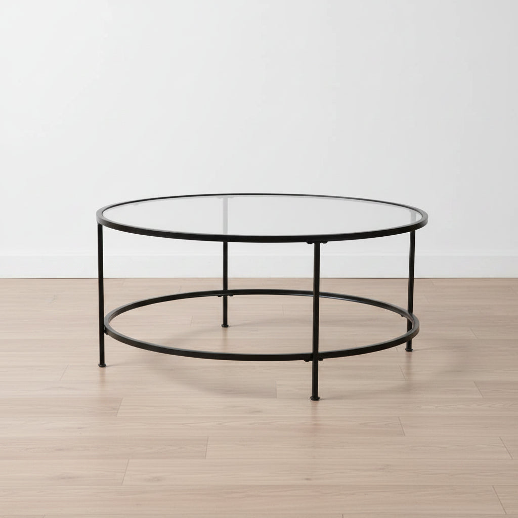 Glass Living Room Coffee Table with Round Metal Frame