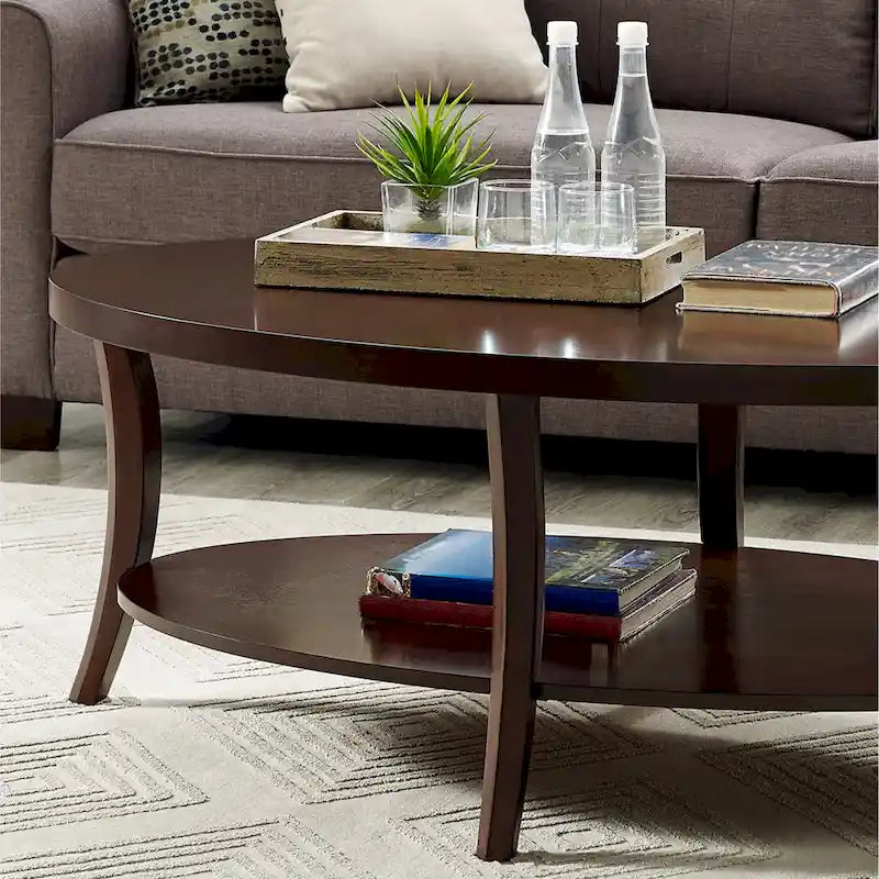 Espresso Round End Table with Shelf