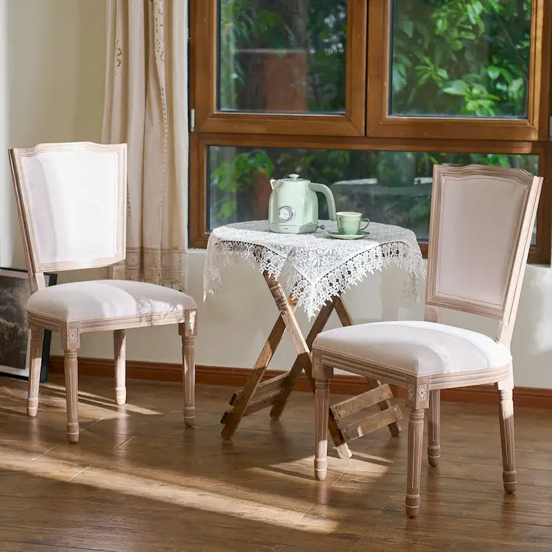 Set of 2 French Side Chairs with Carved Wood Legs & Linen Upholstery