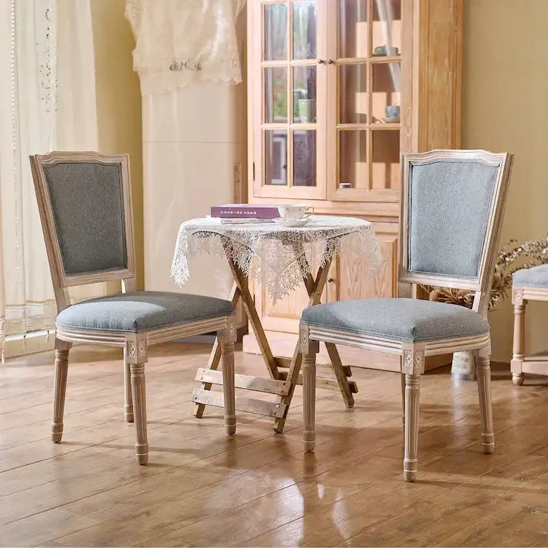 Set of 2 French Side Chairs with Carved Wood Legs & Linen Upholstery