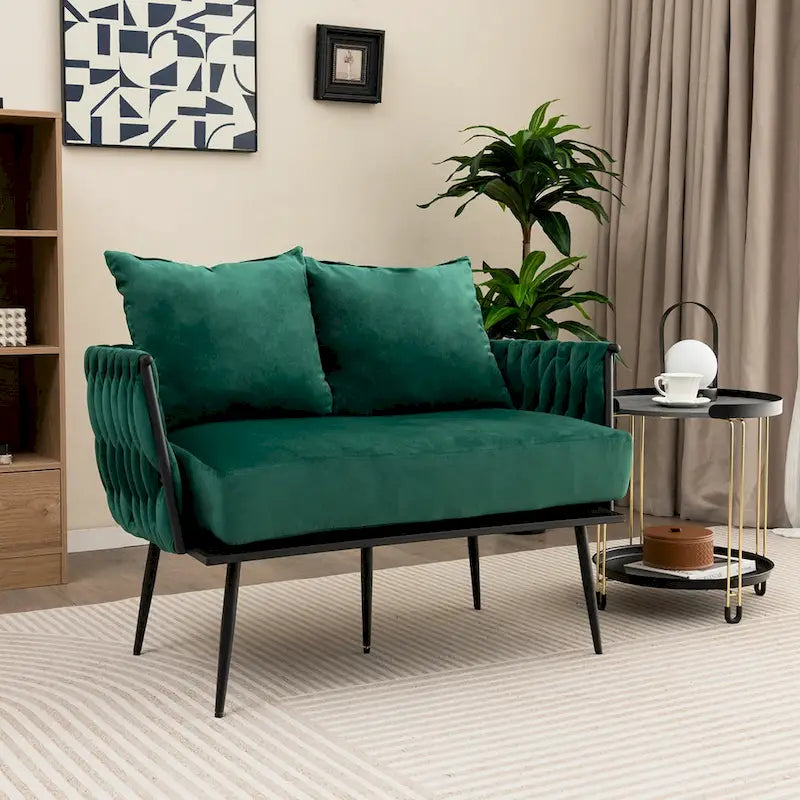 Modern Loveseat Sofa Upholstered Dutch Velvet Couch with Woven - See Details