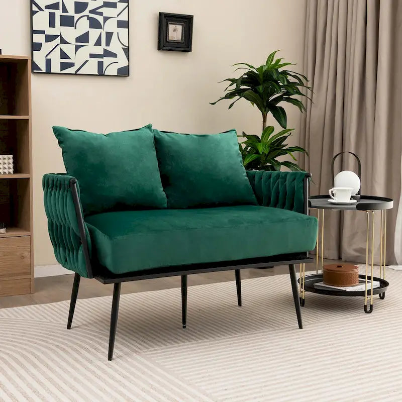 Modern Loveseat Sofa Upholstered Dutch Velvet Couch with Woven - See Details
