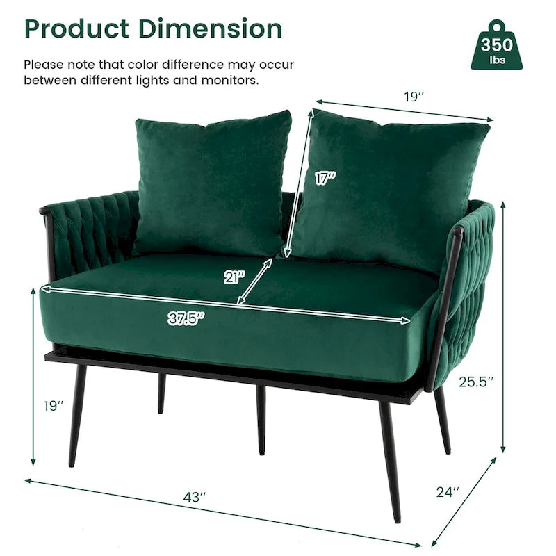 Modern Loveseat Sofa Upholstered Dutch Velvet Couch with Woven - See Details