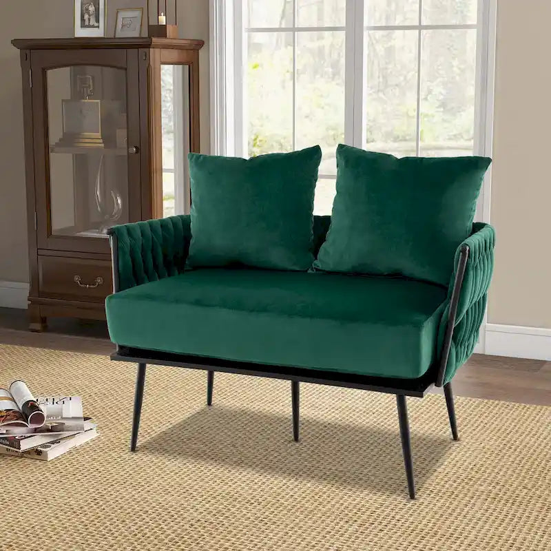 Modern Loveseat Sofa Upholstered Dutch Velvet Couch with Woven - See Details