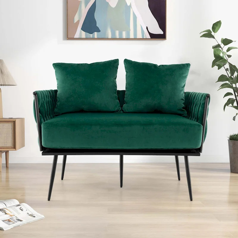 Modern Loveseat Sofa Upholstered Dutch Velvet Couch with Woven - See Details