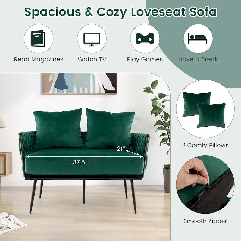 Modern Loveseat Sofa Upholstered Dutch Velvet Couch with Woven - See Details