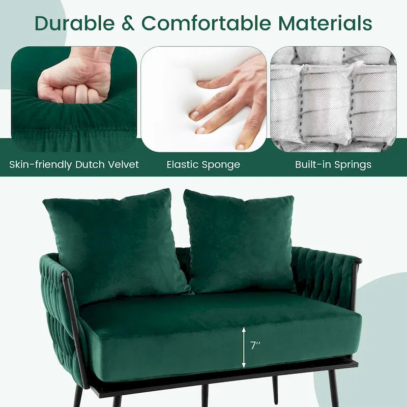 Modern Loveseat Sofa Upholstered Dutch Velvet Couch with Woven - See Details