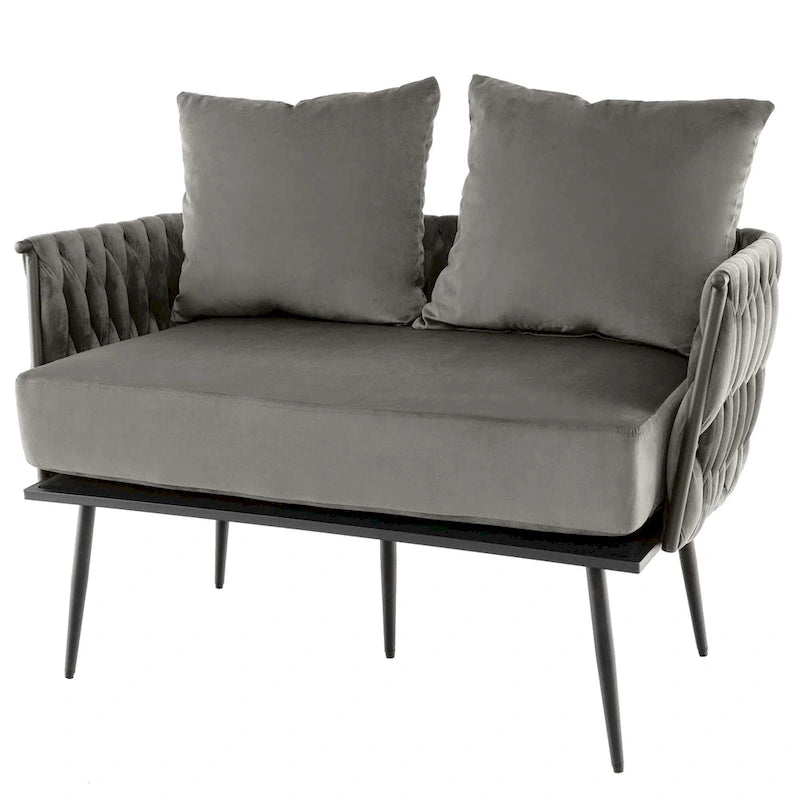 Modern Loveseat Sofa Upholstered Dutch Velvet Couch with Woven - See Details