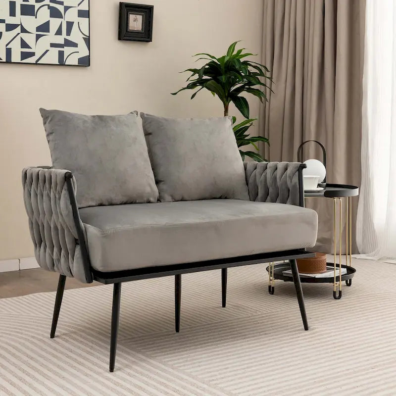 Modern Loveseat Sofa Upholstered Dutch Velvet Couch with Woven - See Details