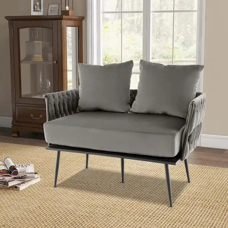 Modern Loveseat Sofa Upholstered Dutch Velvet Couch with Woven - See Details
